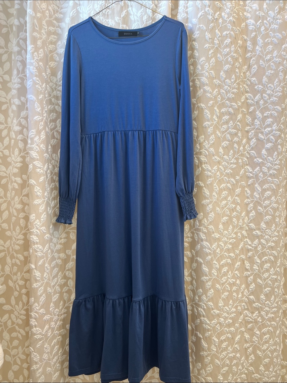 Zesica Blue Long-Sleeve comfy T-shirt Maxi Dress with ruffle hem + POCKETS